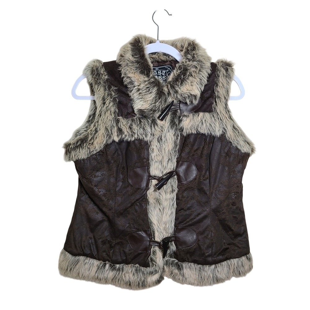 Y2K Brown Faux Leather Faux Fur Trim Vest XL Boho Western Indie Sleaze Grunge